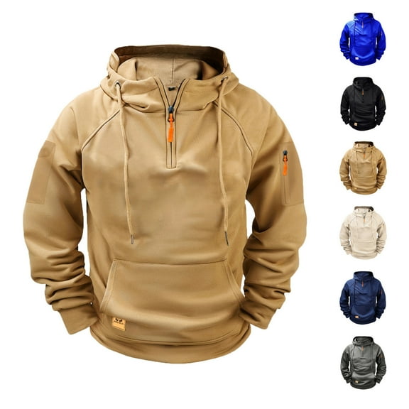 Mens Tactical Work Hoodies Long Sleeve Drawstring Hood 1/4 Zip Pullover High Neck Casual Fashion Sweatshirts Blue XL