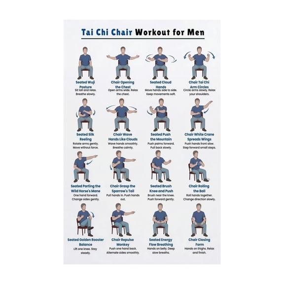 Mens Tai Chi Chair Workouts Printable Poster - Exercise Chart Wall Art for Home Gym Fitness and Health Decor (Complete Workout Guide)