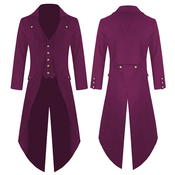 Mens Tailcoat Costume, Steampunk Vintage Tailcoat Jackets Gothic Frock Coat Uniform Halloween Coats Purple XXL