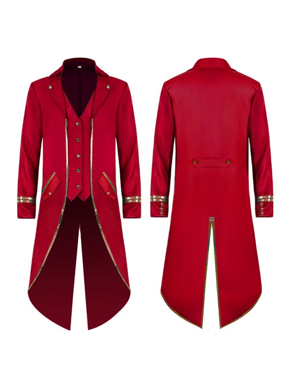 Mens Tailcoat Gothic Tuxedo Steampunk Jacket, Medieval Halloween Costume with Gold Trim, Retro Victorian Frock Coat for Cosplay Party 1 Pcs Red S