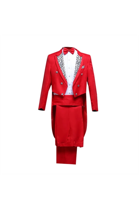 Mens Tailcoat Suit Jacket Tuxedo Double Breast Swallow Tail Coat Pants Bow Tie Shirt 4 Pieces Outfits Red
