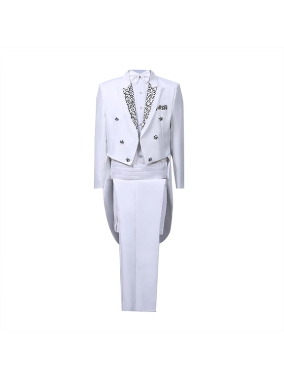 Mens Tailcoat Suit Jacket Tuxedo Double Breast Swallow Tail Coat Pants Bow Tie Shirt 4 Pieces Outfits White