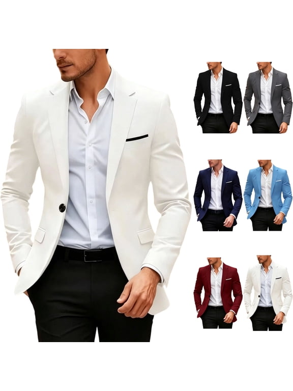Mens Tailored Fit Blazer Stretch Dress Sport Coat Formal Notch Lapel One Button Suit Jacket Wrinkle Free with Pockets for Wedding Business, White, XXS