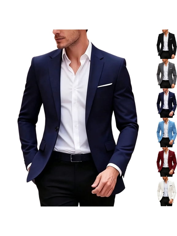 Mens Tailored Fit Blazer Stretch Dress Sport Coat Formal Notch Lapel One Button Suit Jacket Wrinkle Free with Pockets for Wedding Business, Navy, M