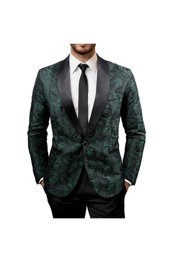 Mens Tailored Paisley Jacquard Tuxedo Blazer Jacket Satin Shawl Lapel One Button Dress Sport Coat for Banquet Party Dinner Wedding Prom with Pockets, Green, XL