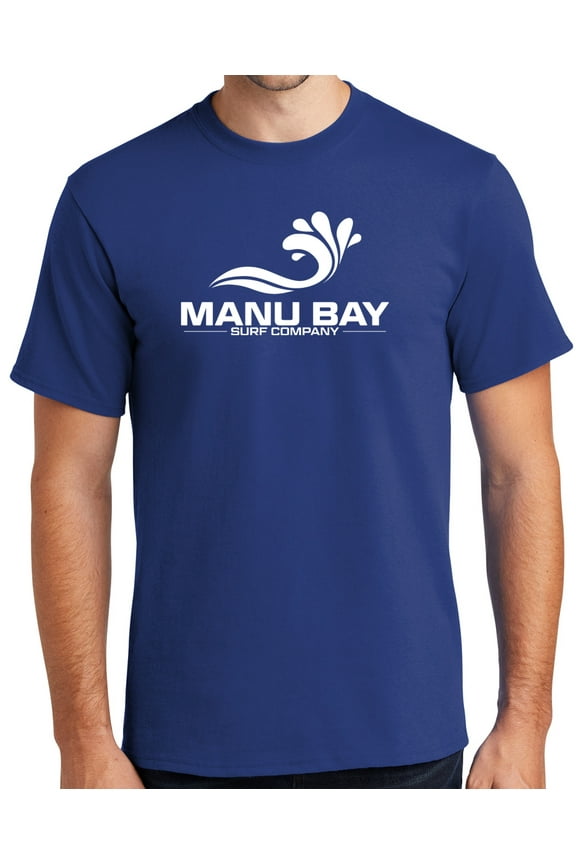 Mens Tall Size Manu Bay Surf Company WHITE LOGO Surfer Cotton T-shirt, Deep Marine - Large TALL