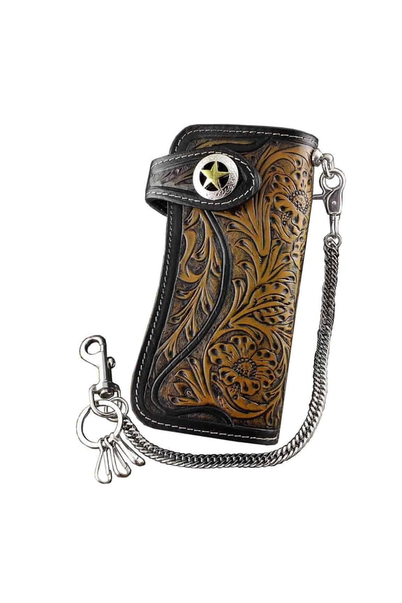 Mens Tan Carved Long Leather Wallet With Biker Trucker Chain L77