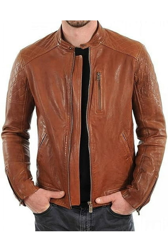 Mens Tan Leather Jacket Slim Fit Biker Motorcycle Genuine Lambskin Jacket Coat A607