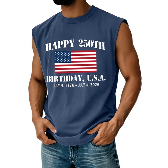 Mens Tank Top 250 1776-2026 American Flag Print Sleeveless Crew Neck T-Shirt Muscle Regular Fit Beach Vacation Casual Vest Top, Navy, #01 Navy