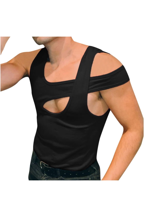 Mens Tank Top Beach Fashion Hollow Out T ShirtsOff-the-shoulder Bottoming Shirt Vest