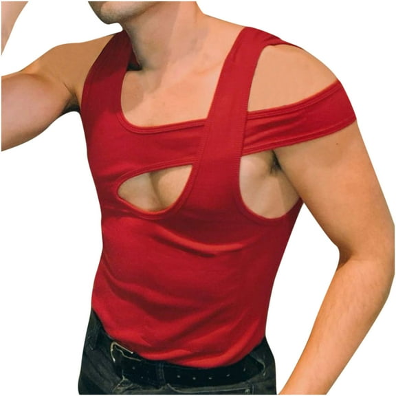 Mens Tank Top Beach Fashion Hollow Out T ShirtsOff-the-shoulder Bottoming Shirt Vest