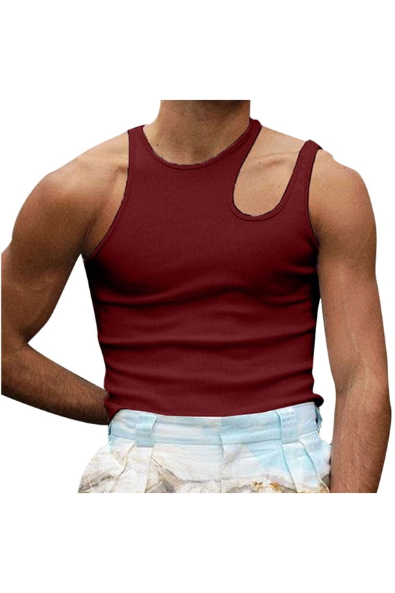 Mens Tank Top Beach Fashion Hollow Out T ShirtsOff-the-shoulder Bottoming Shirt Vest