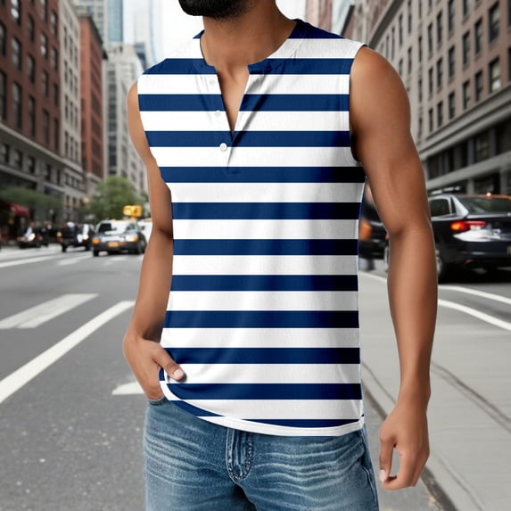 Mens Tank Top Casual Loose Striped Sleeveless V Neck T Shirts Summer Outings Comfortable Breathable Vests Dark Blue L