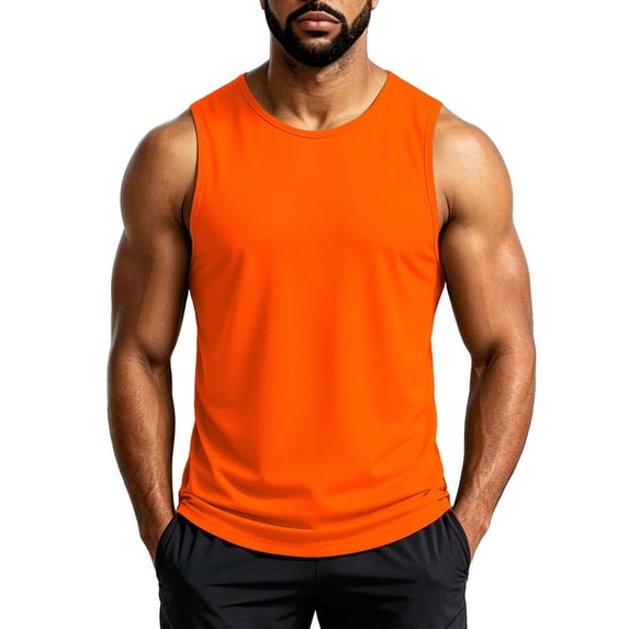 Mens Tank Top Casual Regular Fit Quick Drying Sleeveless Fitness Vest Relaxed Soft Training Gym Shirt Orange Size L