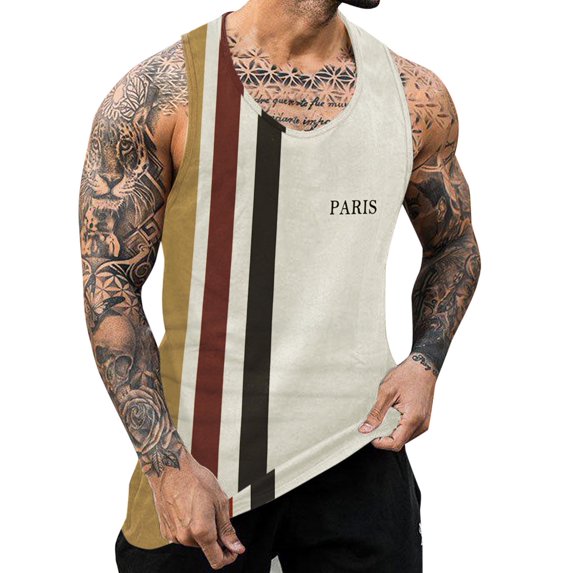Mens Tank Top Casual Striped Print Round Neckline Vest Daily Loose Fit Breathable Refreshing Workout Tanks Sizes 2XL