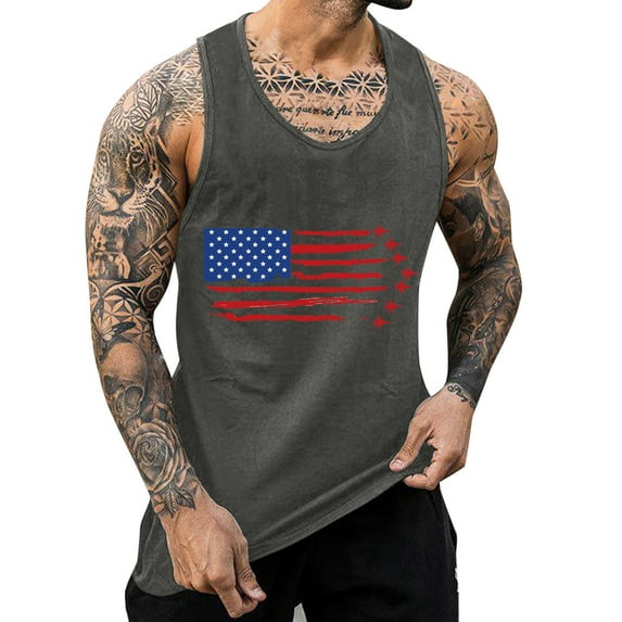Mens Tank Top Independence Day Breathable Large Size Casual Loose Partial Print Muscle Shirts Sizes XL