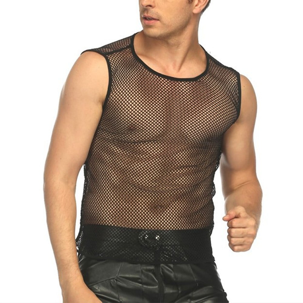 Mens Tank Top Mesh Fishnet String Vest Sleeveless See Through Slim