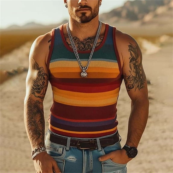 Mens Tank Top Retro Striped Streetwear Workout Summer Sleeveless Gym Classic Fit Breathable Muscle Undershirts for Men Orange L