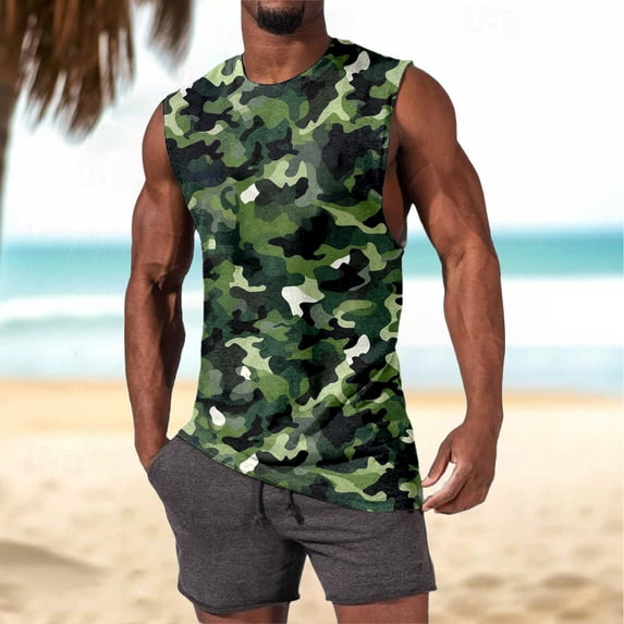 Mens Tank Top Summer Casual Sleeveless Camo Tees Loose Comfortable Running Muscle Workout Beach Breathable Vests L
