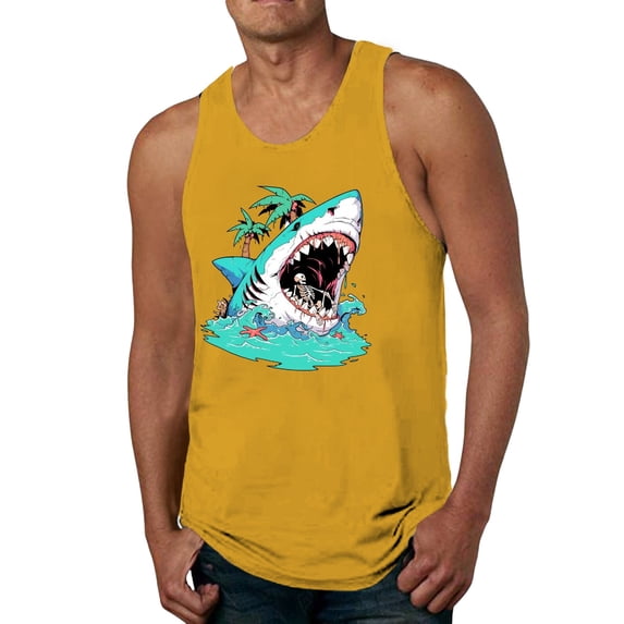 Mens Tank Top Summer Casual Sleeveless Cartoon Shark Print Tees Loose Comfortable Running Summer Beach Lightweight Vest Yellow XL