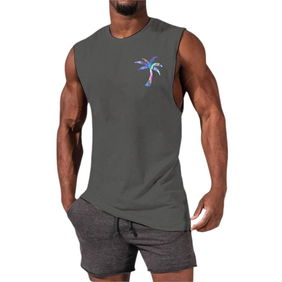 Mens Tank Top Summer Solid Color Relaxed Sleeveless Tees With Coconut Tree Design Athletic Gym Sports Lightweight Vest Grey XXXL
