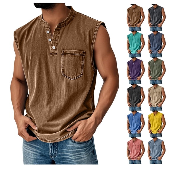 Mens Tank Top Vintage Button Sleeveless Workout Henley Shirts Summer Casual Classic Solid Beach Tops with Pocket