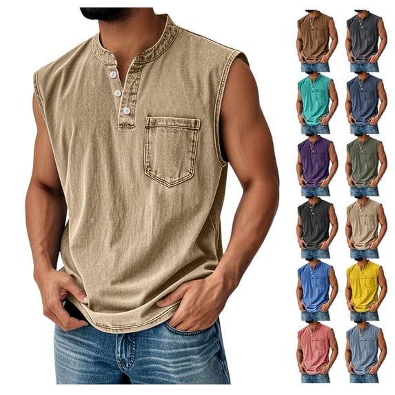 Mens Tank Top Vintage Button Sleeveless Workout Henley Shirts Summer Casual Classic Solid Beach Tops with Pocket
