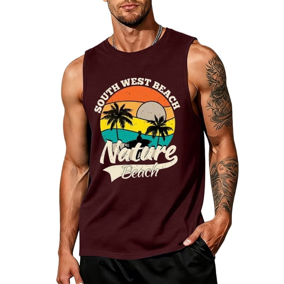 Mens Tank Tops Beach Cut Off Sleeveless Shirts Graphic Palm Tree Summer Vacation Tanks Muscle Gym Tank Top