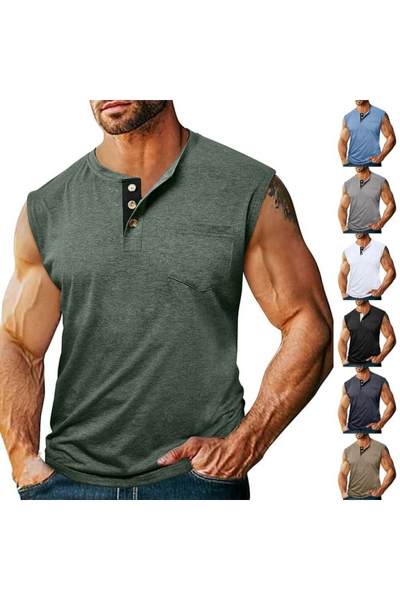 Mens Tank Tops Fashion Solid Color Versatile Pocket Button Sleeveless Round Neck Solid Loose Fit Shirt