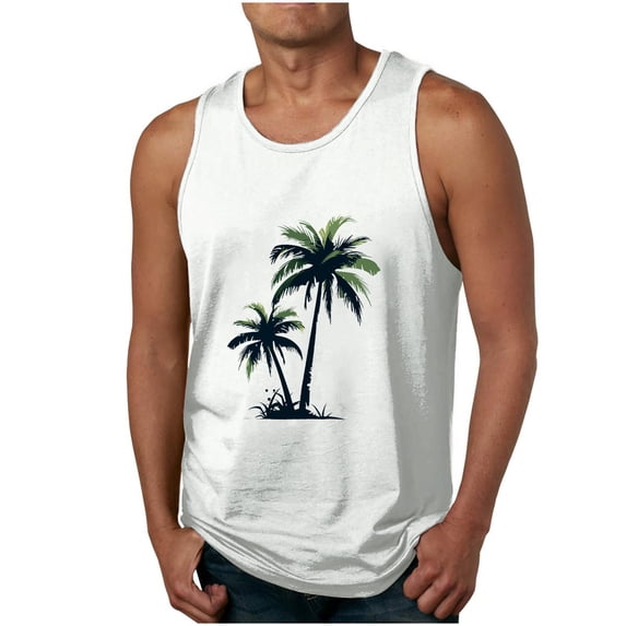 Mens Tank Tops Hawaiian Sleeveless Shirts Graphic Beach Coconut Tree Gym Tank Top Big and Tall Size S-4XL White