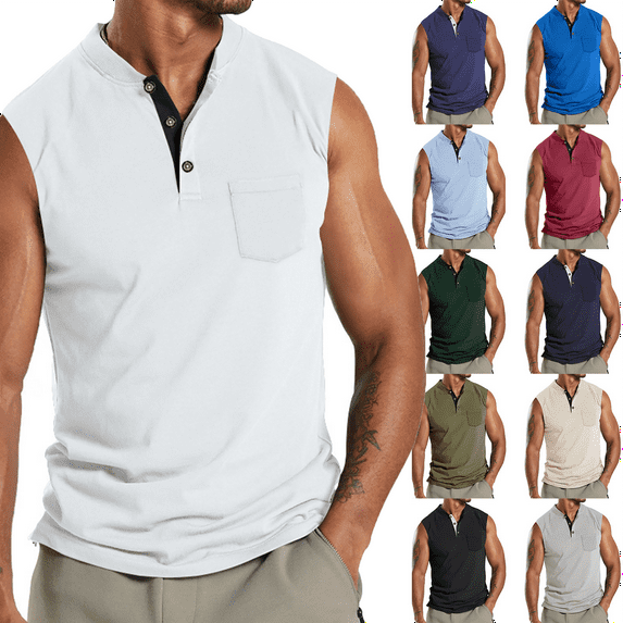 Mens Tank Tops Leisure Versatile Button Pocket Solid Color Thin Style Sleeveless T shirt V Neck Solid Loose Fit Shirt