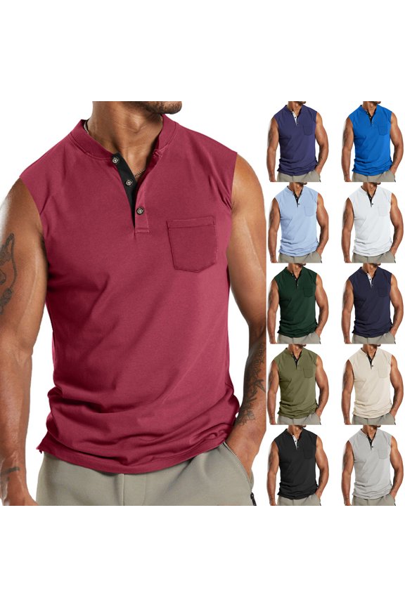 Mens Tank Tops Leisure Versatile Button Pocket Solid Color Thin Style Sleeveless T shirt V Neck Solid Loose Fit Shirt