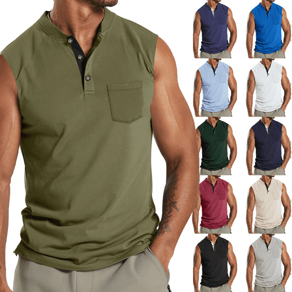 Mens Tank Tops Leisure Versatile Button Pocket Solid Color Thin Style Sleeveless T shirt V Neck Solid Loose Fit Shirt