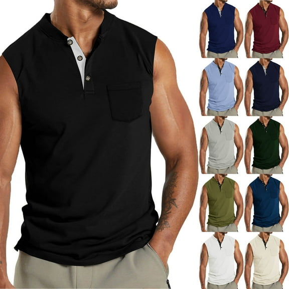 Mens Tank Tops Leisure Versatile Button Pocket Solid Color Thin Style Sleeveless T shirt V Neck Solid Loose Fit Shirt