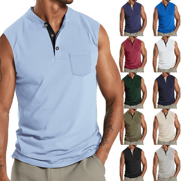 Mens Tank Tops Leisure Versatile Button Pocket Solid Color Thin Style Sleeveless T shirt V Neck Solid Loose Fit Shirt