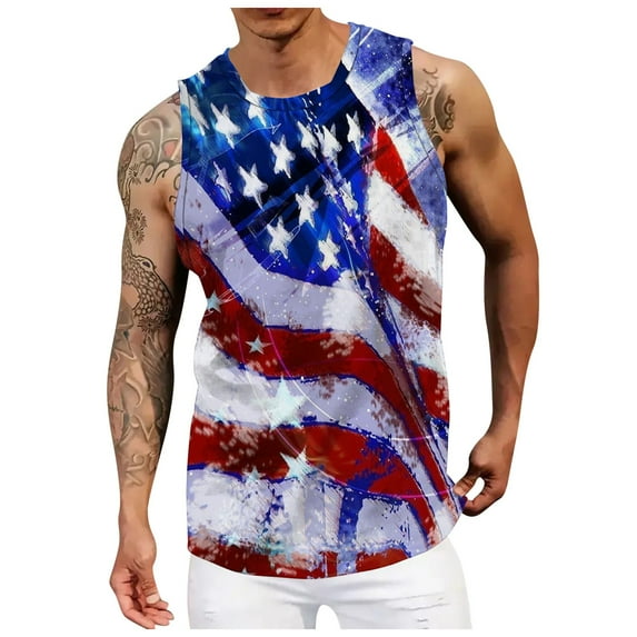 Mens Tank Tops Loose Independence Day Printing Crew Neck Sleeveless T-shirt Fashion Outdoor Holiday Beach Sport Ventilate Vest Fashion Casual Fit