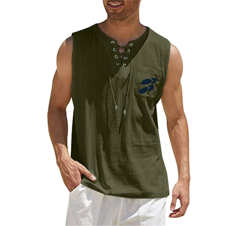 Hemlock Army Green Tank Tops male Spring and Summer Tops Casual Sports Sleeveless Top Cotton Linen Vest Painting Fitness Muscle Tank Top, Men's, Size