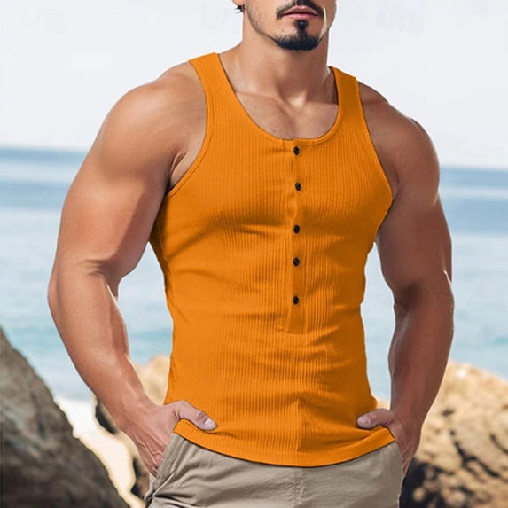Mens Tank Tops Ribbed Sleeveless Button Crewneck A Shirts Casual Stretchy Slim Pullover Solid Color Basic Going-Out Loungewear Muscle Undershirts