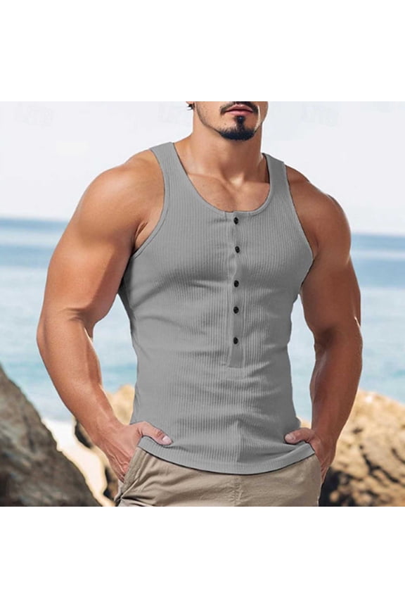 Mens Tank Tops Ribbed Sleeveless Button Crewneck A Shirts Casual Stretchy Slim Pullover Solid Color Basic Going-Out Loungewear Muscle Undershirts