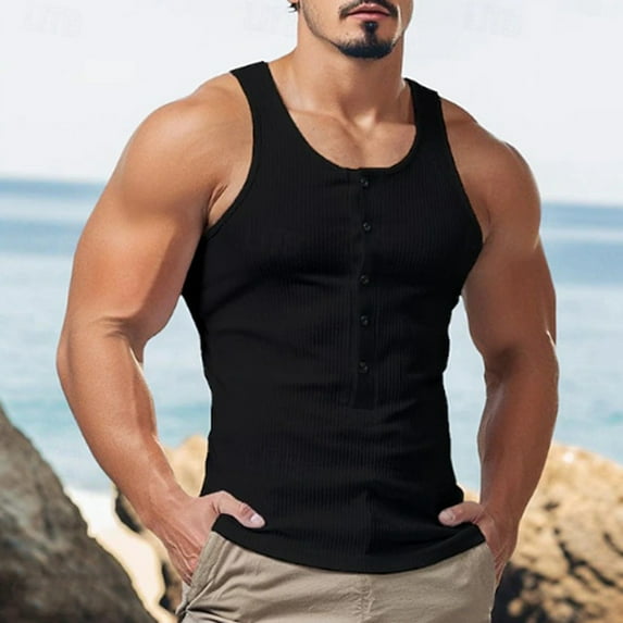 Mens Tank Tops Ribbed Sleeveless Button Crewneck A Shirts Casual Stretchy Slim Pullover Solid Color Basic Going-Out Loungewear Muscle Undershirts
