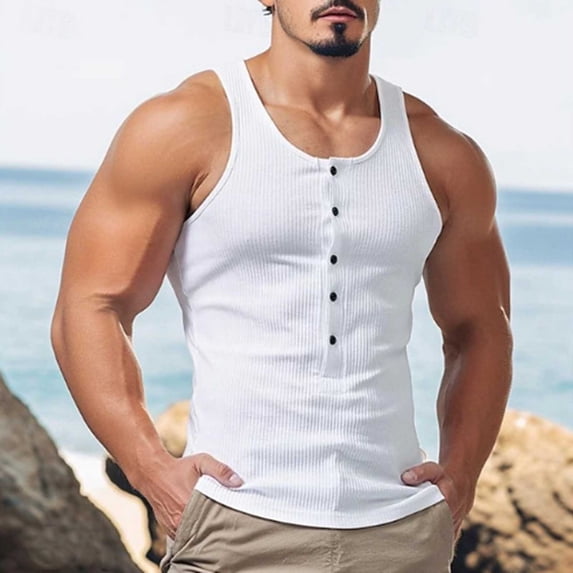 Mens Tank Tops Ribbed Sleeveless Button Crewneck A Shirts Casual Stretchy Slim Pullover Solid Color Basic Going-Out Loungewear Muscle Undershirts