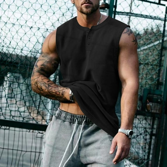 Mens Tank Tops Sleeveless Button Crewneck Muscle Shirts Casual Solid Color Pullover Breathable Basic Athletic Workout Running Undershirts Vests