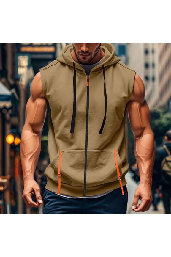 Mens Tank Tops Sleeveless Drawstrings Zip Up Hoodie Workout Gym Athletic Running Muscle Shirts Lightweight Jacket