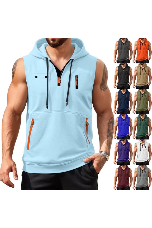 Mens Tank Tops Sleeveless Zip Up Hoodie Workout Gym Athletic Running Muscle Shirts Lightweight Jacket, 2XL