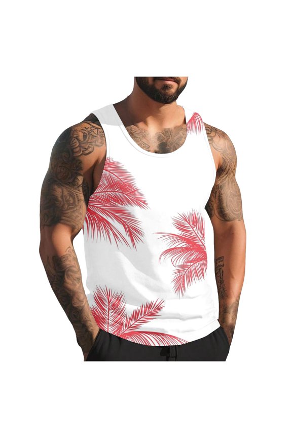 Mens Tank Tops Summer Casual Coconut Tree Print Vest Beach Vacation Holiday Hawaiian Pink Shirts L