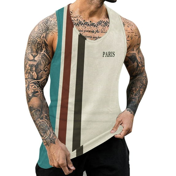 Mens Tank Tops Summer Casual Striped Print Round Neckline Vest Daily Loose Fit Breathable Refreshing Workout Tanks Sizes M