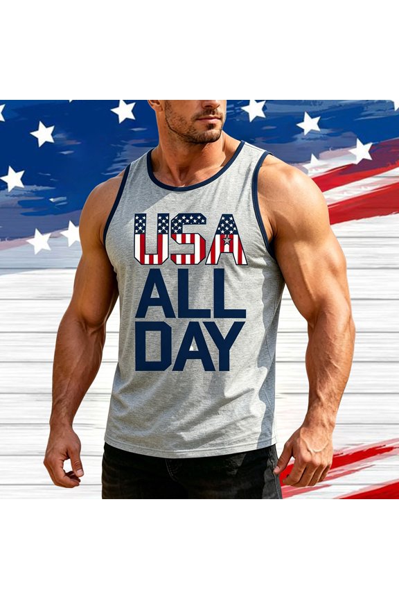 Mens Tank Tops Summer Independence Day Patriotic Knit Breathable Sleeveless Everyday Tank Mens 250 Anniversary USA Shirt Light Gray XXL
