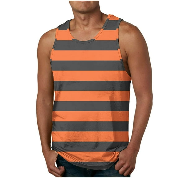Mens Tank Tops Summer Qiggri Men Stripe Printed Casual Sports Elastic Fashionable T-Shirt Round-Neck Top