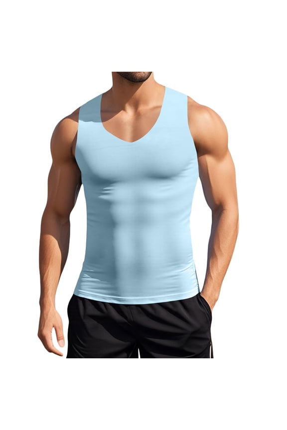 Mens Tank Tops Summer V Neck Slim Fit Sports Fitness Sleeveless Bottom Compression Stretchy Workout Blue Shirts L