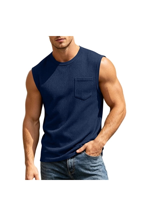 Mens Tank Tops Textured Sleeveless Streetwear T Shirts Workout Muscle Gym Shirt with Pocket Crew Neck Breathable Athletic Tee